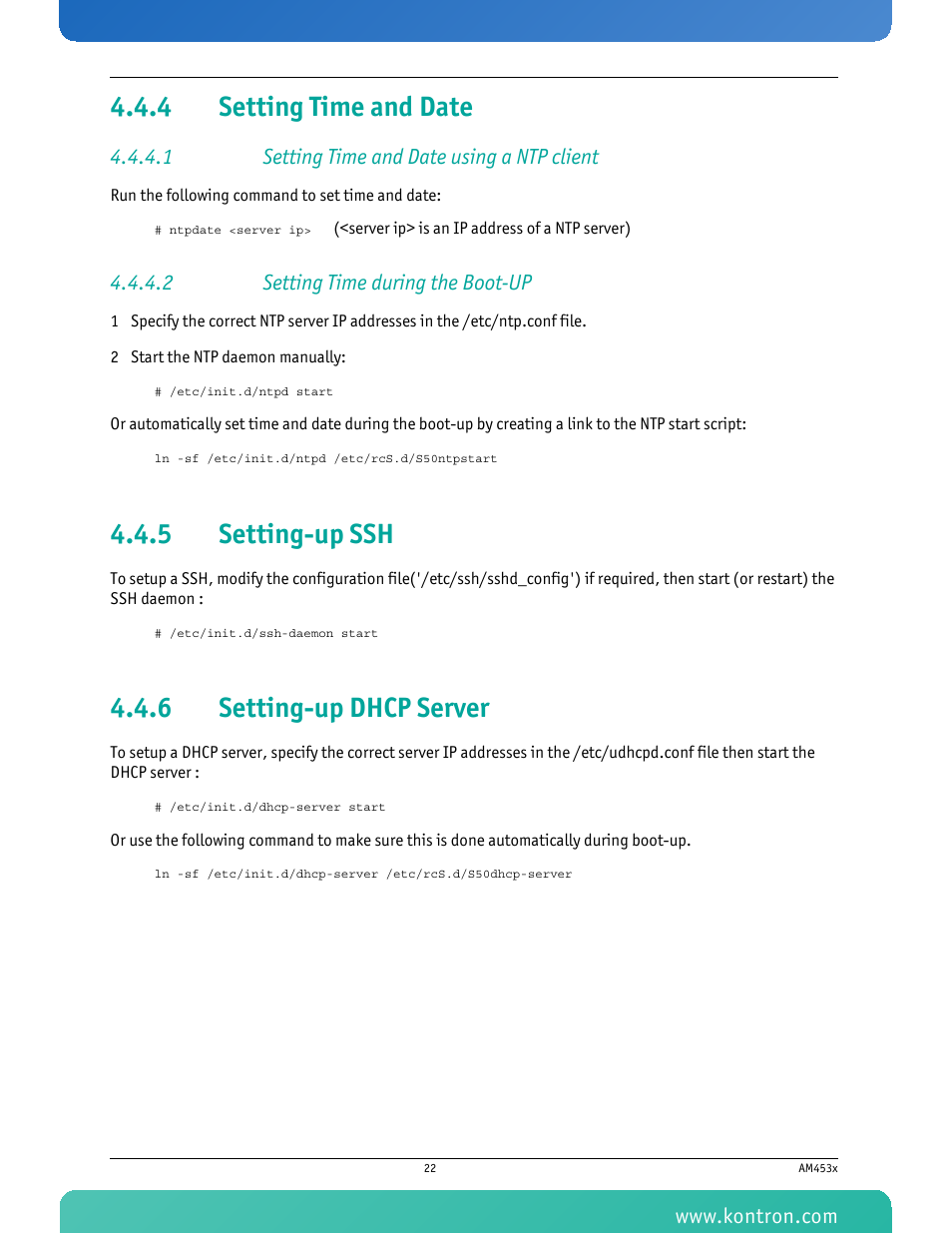 4 setting time and date, 1 setting time and date using a ntp client, 2 setting time during the boot-up | 5 setting-up ssh, 6 setting-up dhcp server, Setting time and date, Setting-up ssh, Setting-up dhcp server | Kontron AM4530 User Manual | Page 35 / 47
