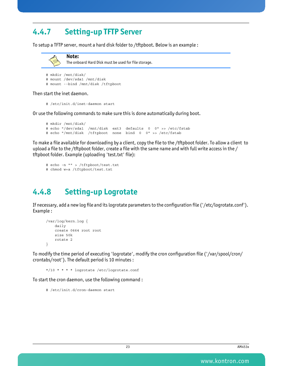 7 setting-up tftp server, 8 setting-up logrotate, Setting-up tftp server | Setting-up logrotate | Kontron AM4530 User Manual | Page 36 / 47
