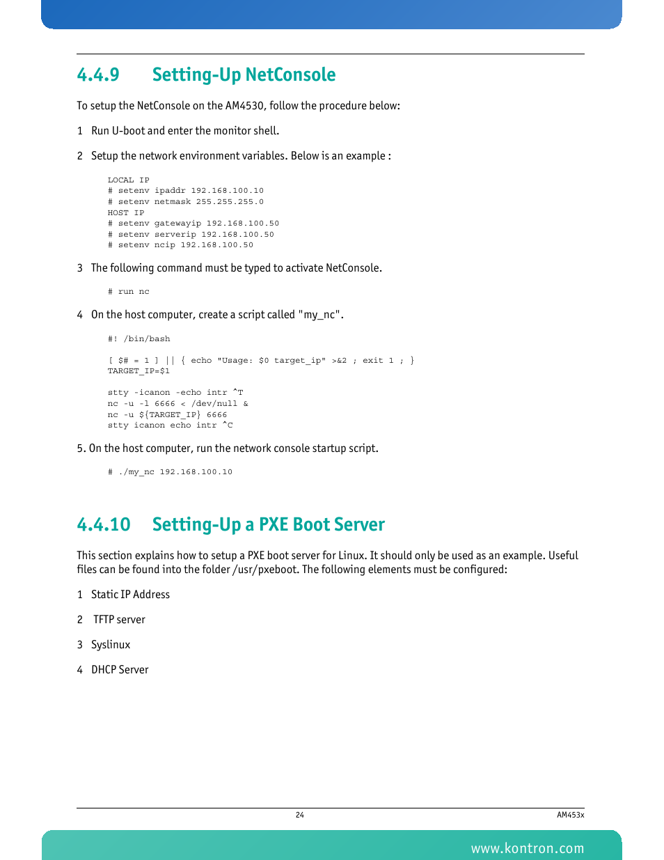 9 setting-up netconsole, 10 setting-up a pxe boot server, Setting-up netconsole | Setting-up a pxe boot server | Kontron AM4530 User Manual | Page 37 / 47