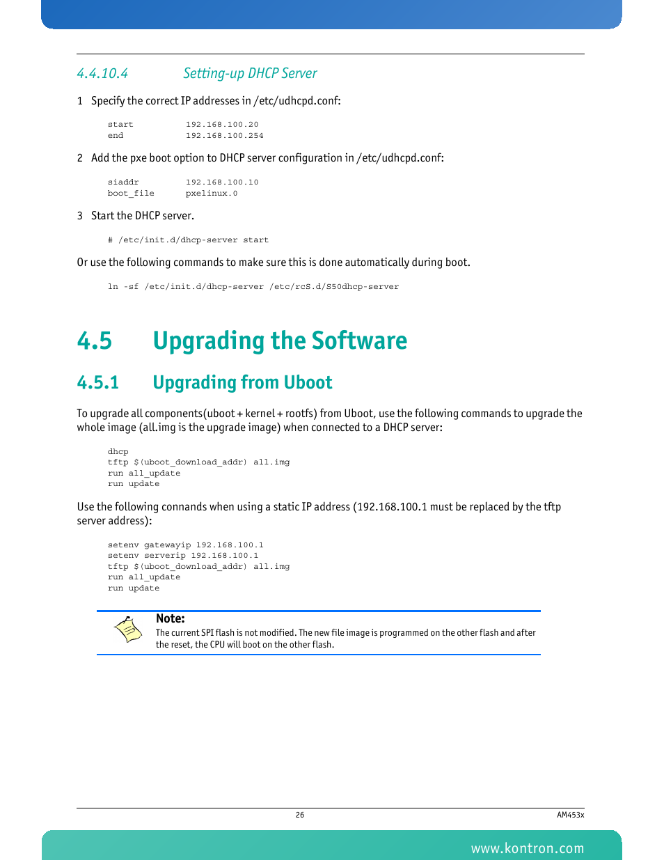 4 setting-up dhcp server, 5 upgrading the software, 1 upgrading from uboot | Upgrading from uboot | Kontron AM4530 User Manual | Page 39 / 47