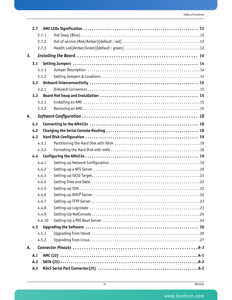 Installing the board 14, Software configuration 18 | Kontron AM4530 User Manual | Page 4 / 47