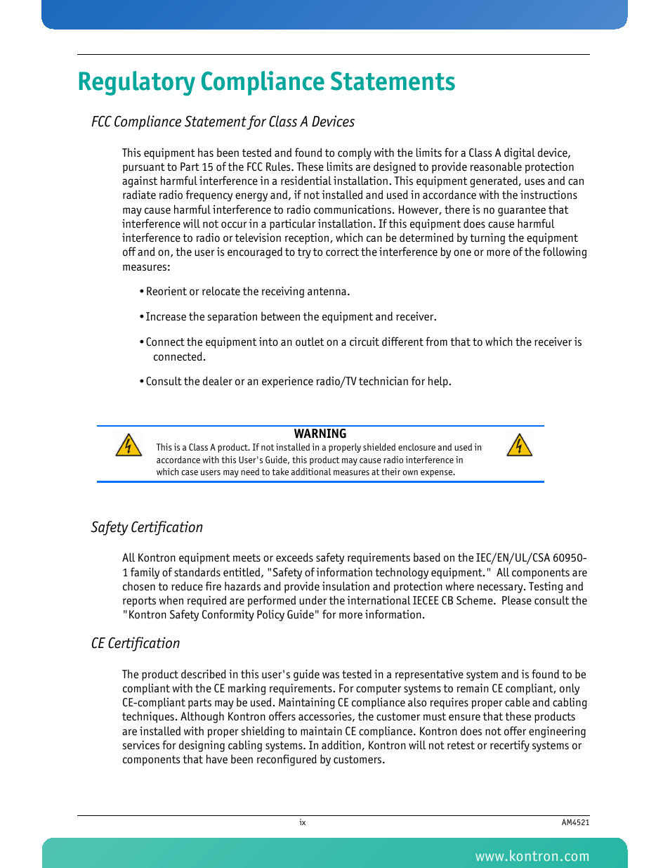 Regulatory compliance statements | Kontron AM4521 User Manual | Page 10 / 30