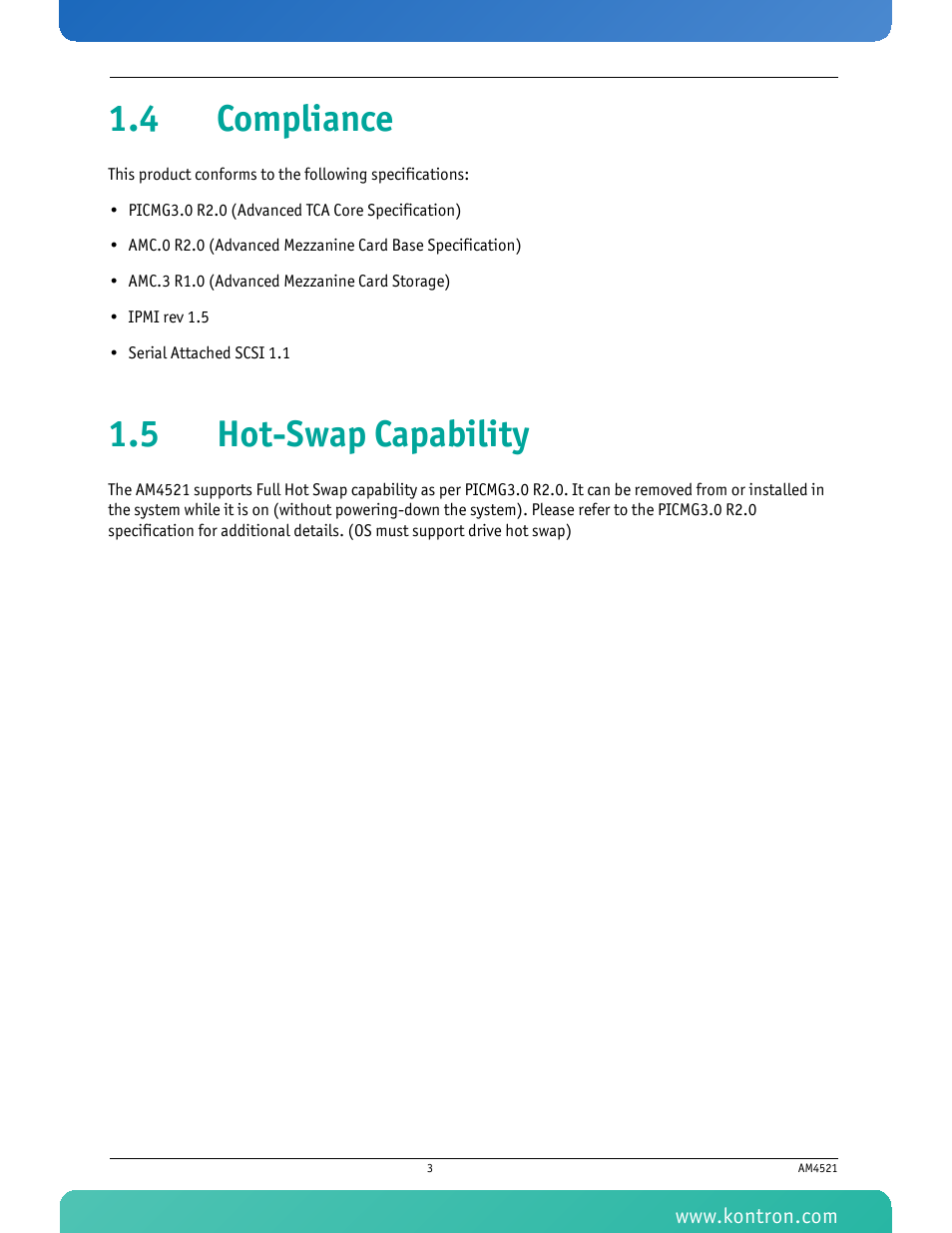 4 compliance, 5 hot-swap capability, 4 compliance 1.5 hot-swap capability | Kontron AM4521 User Manual | Page 14 / 30
