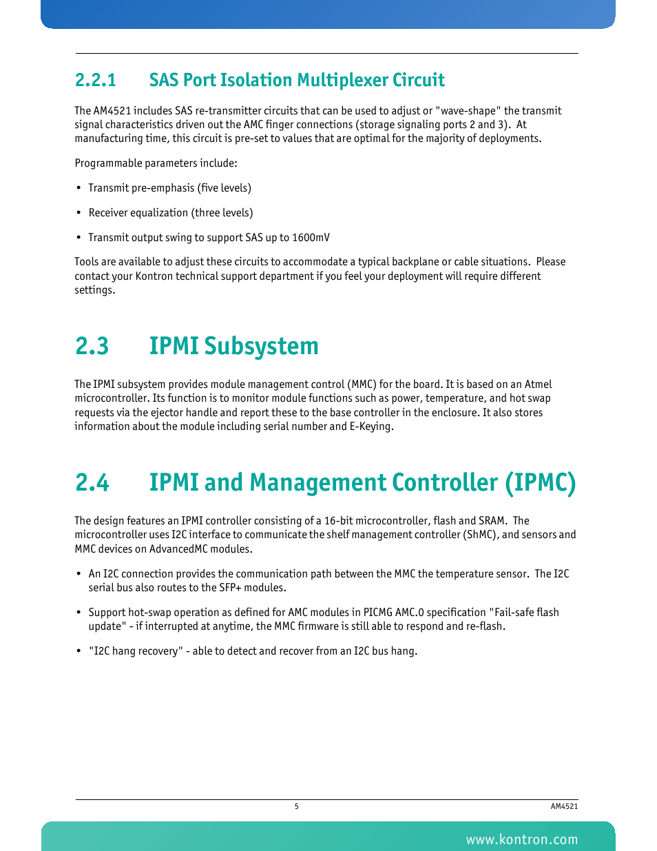 1 sas port isolation multiplexer circuit, 3 ipmi subsystem, 4 ipmi and management controller (ipmc) | Sas port isolation multiplexer circuit | Kontron AM4521 User Manual | Page 16 / 30