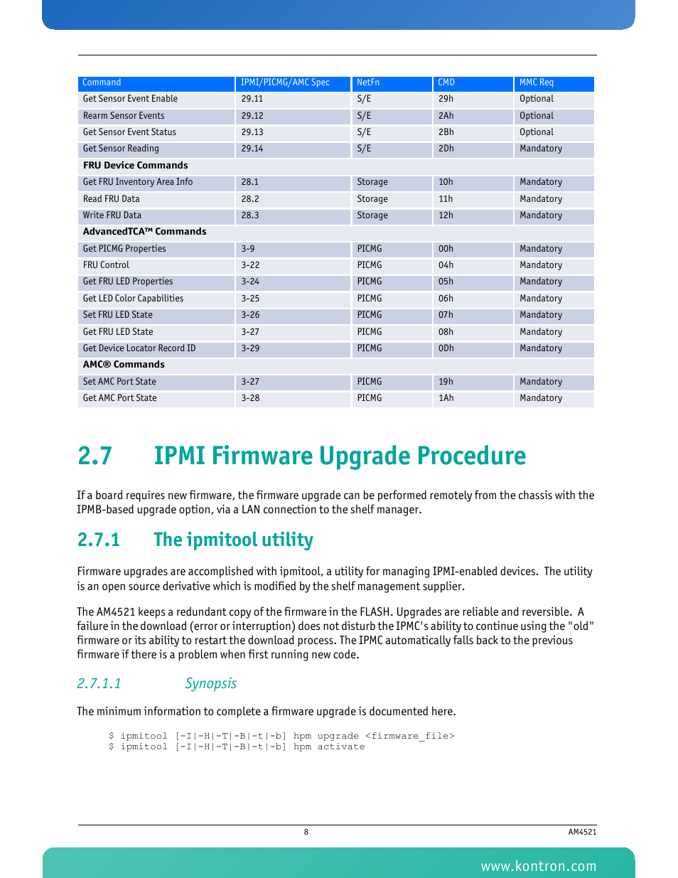 7 ipmi firmware upgrade procedure, 1 the ipmitool utility, 1 synopsis | The ipmitool utility | Kontron AM4521 User Manual | Page 19 / 30