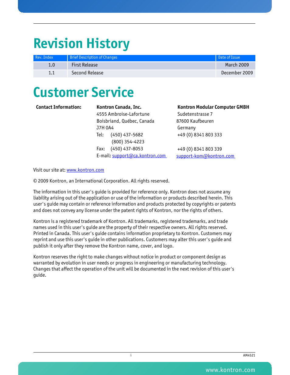 Revision history customer service | Kontron AM4521 User Manual | Page 2 / 30