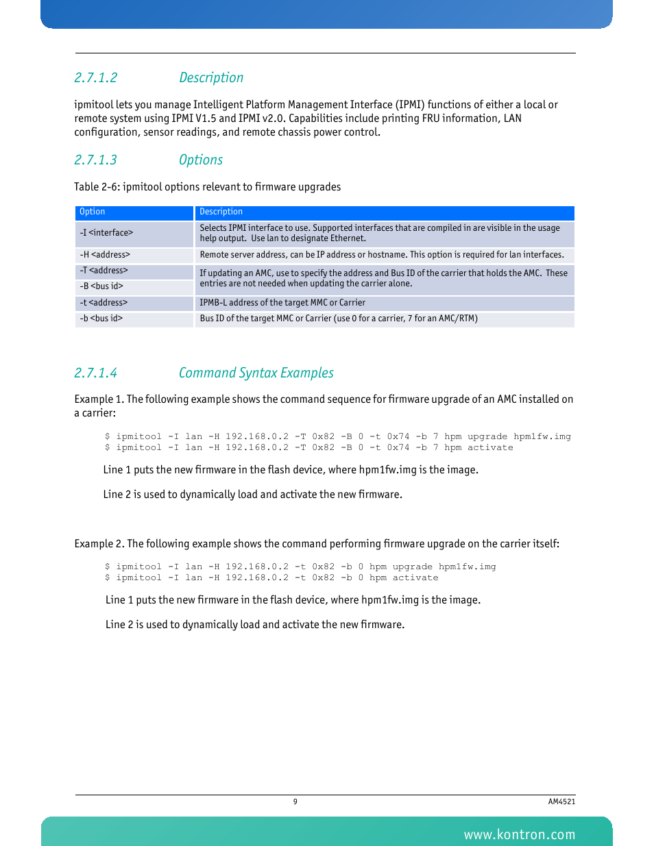 2 description, 3 options, 4 command syntax examples | Kontron AM4521 User Manual | Page 20 / 30