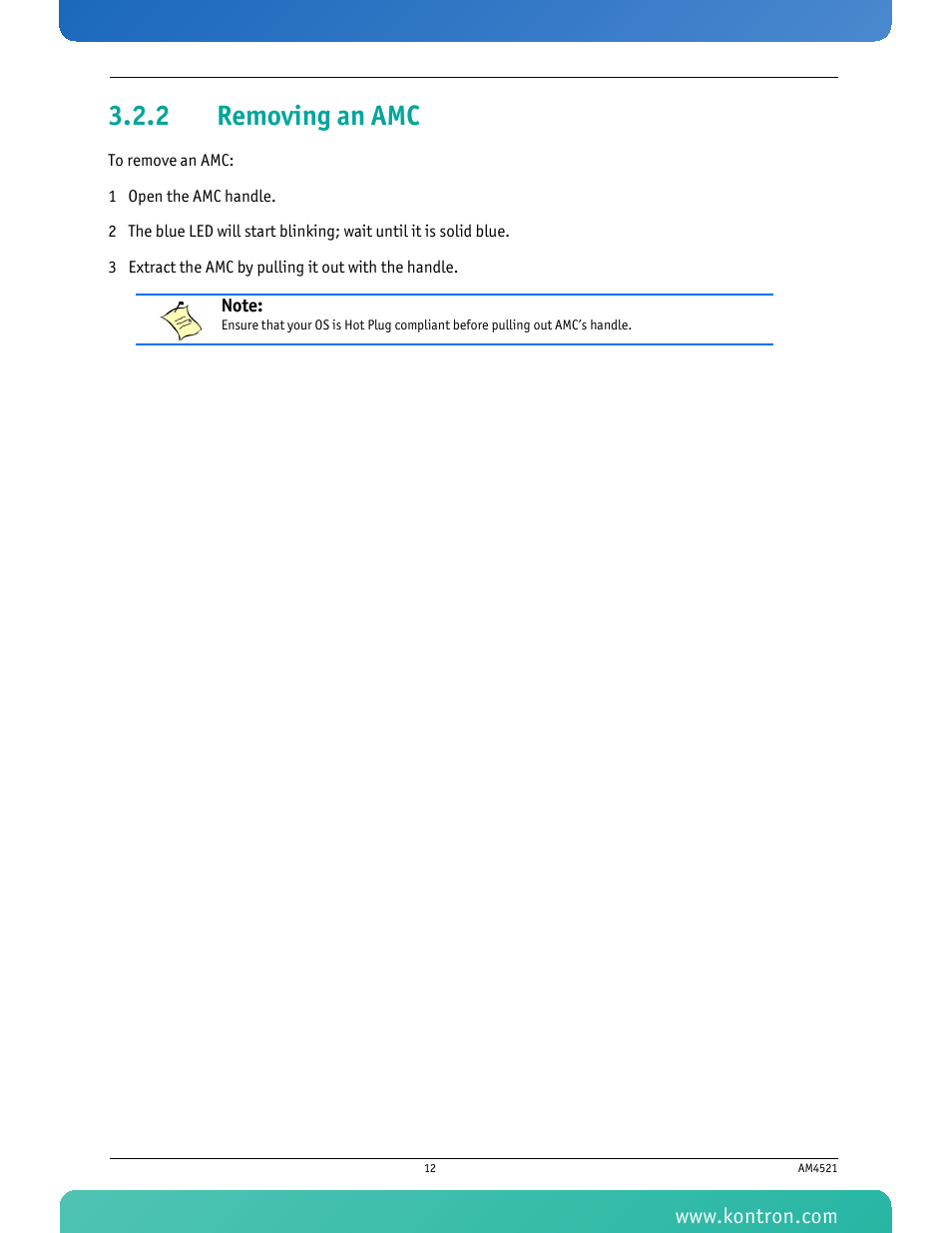 2 removing an amc, Removing an amc | Kontron AM4521 User Manual | Page 23 / 30