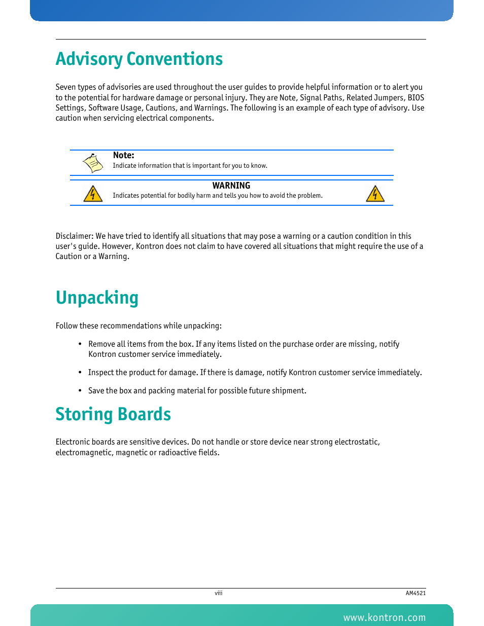 Advisory conventions, Unpacking, Storing boards | Kontron AM4521 User Manual | Page 9 / 30
