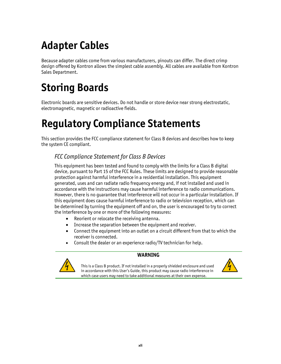 Adapter cables, Storing boards, Regulatory compliance statements | Kontron AM4520 Manual User Manual | Page 13 / 37