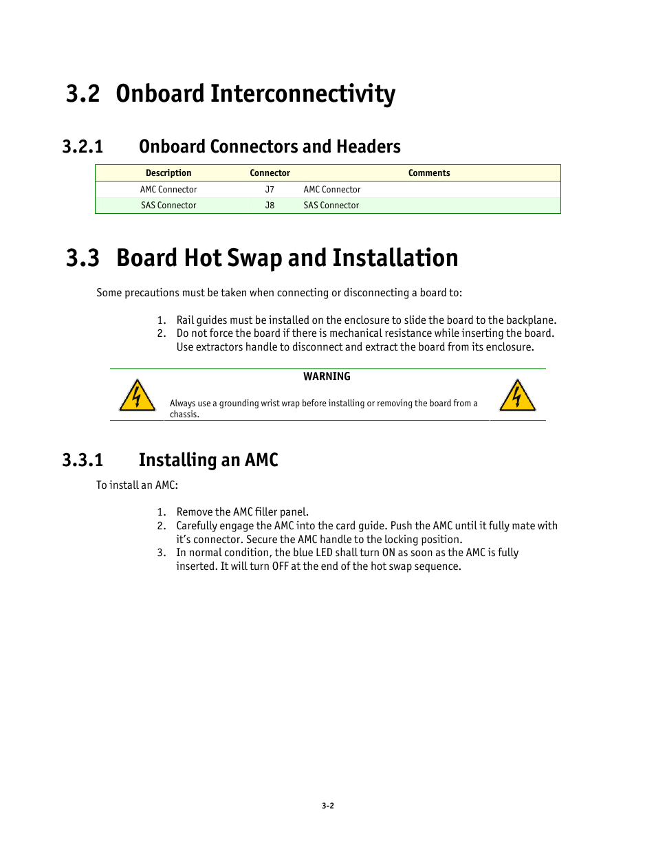 2 onboard interconnectivity, 1 onboard connectors and headers, 3 board hot swap and installation | 1 installing an amc, Onboard interconnectivity -2, Board hot swap and installation -2 | Kontron AM4520 Manual User Manual | Page 30 / 37