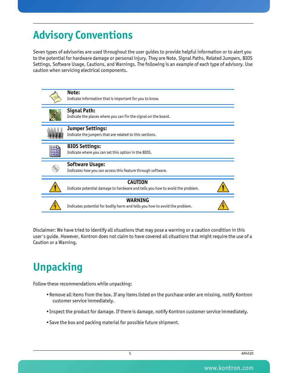 Advisory conventions, Unpacking, Advisory conventions unpacking | Kontron AM4520 Manual Mid-Size User Manual | Page 10 / 31