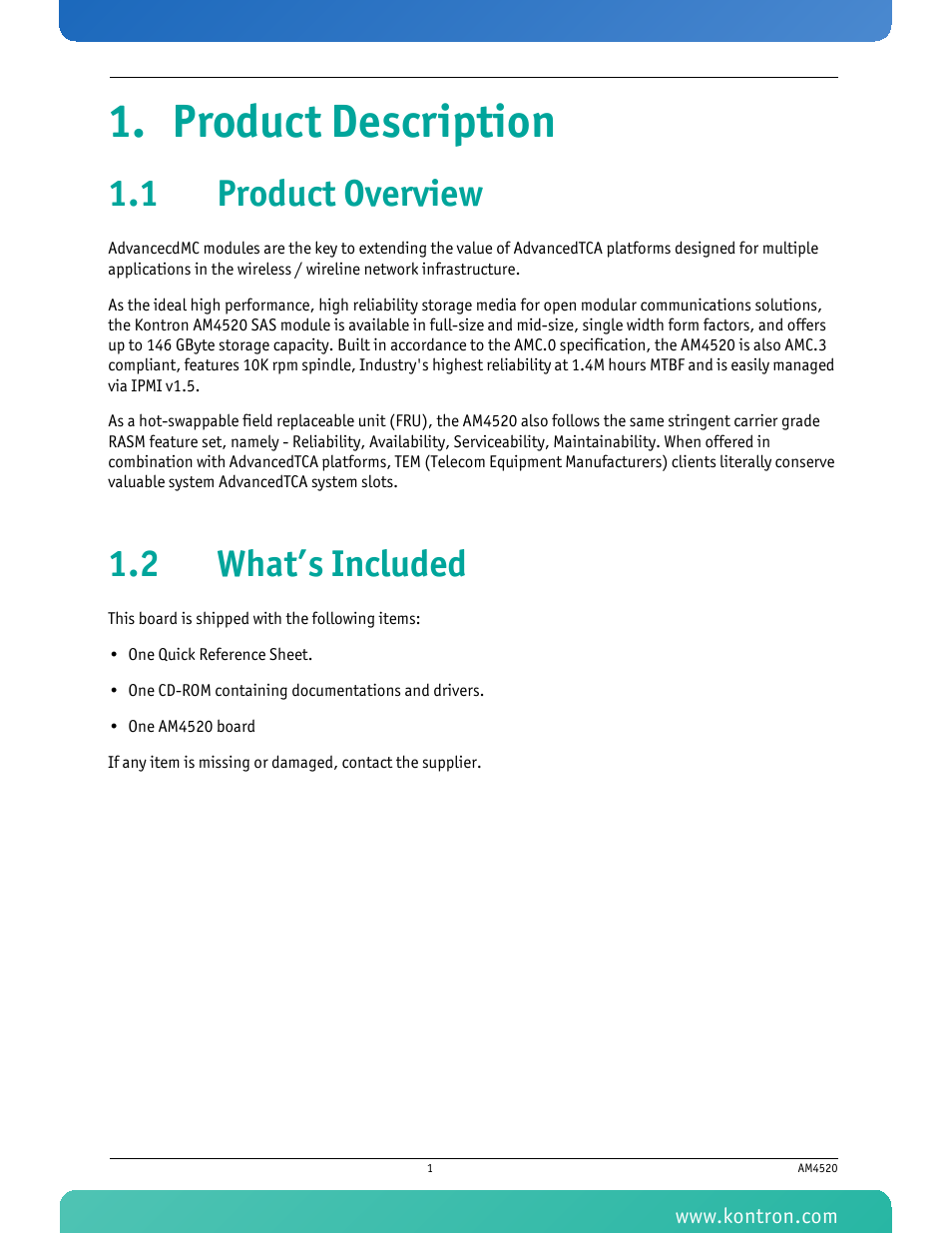 Product description, 1 product overview, 2 what’s included | 1 product overview 1.2 what’s included | Kontron AM4520 Manual Mid-Size User Manual | Page 13 / 31