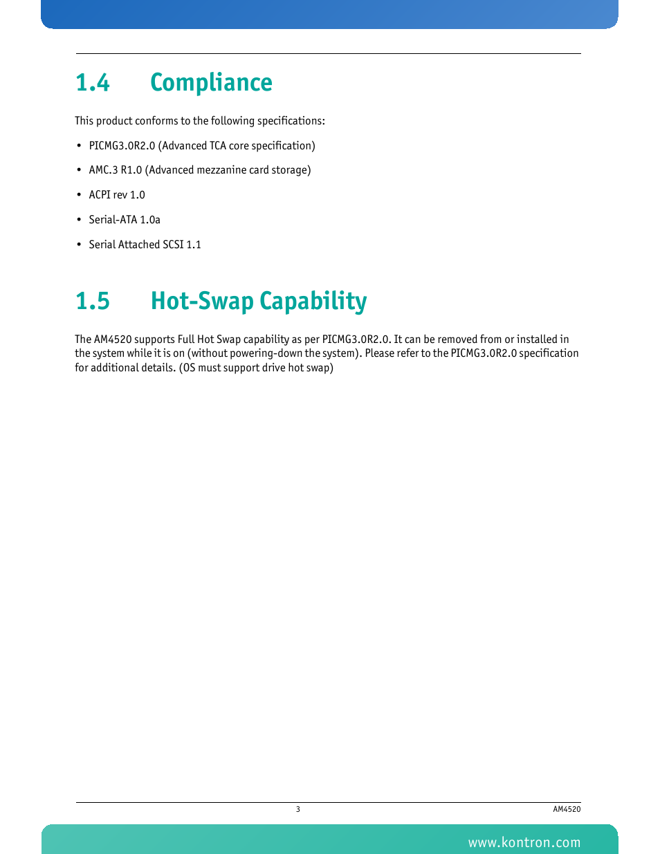 4 compliance, 5 hot-swap capability, 4 compliance 1.5 hot-swap capability | Kontron AM4520 Manual Mid-Size User Manual | Page 15 / 31