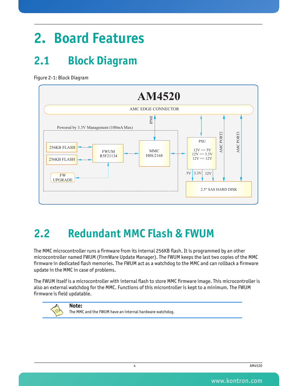 Board features, 1 block diagram, 2 redundant mmc flash & fwum | 1 block diagram 2.2 redundant mmc flash & fwum, Figure 2-1: block diagram, Am4520 | Kontron AM4520 Manual Mid-Size User Manual | Page 16 / 31