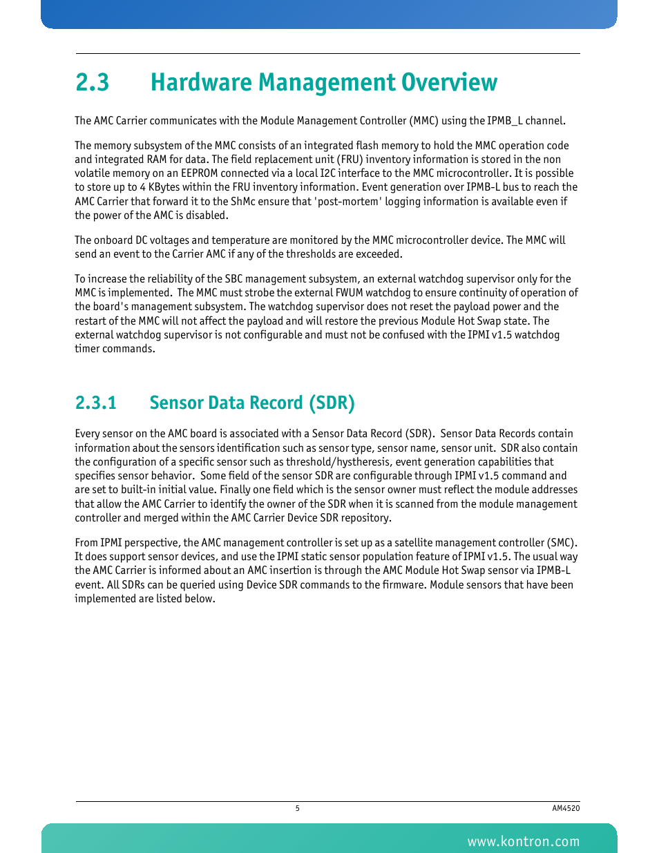 3 hardware management overview, 1 sensor data record (sdr), Sensor data record (sdr) | Kontron AM4520 Manual Mid-Size User Manual | Page 17 / 31