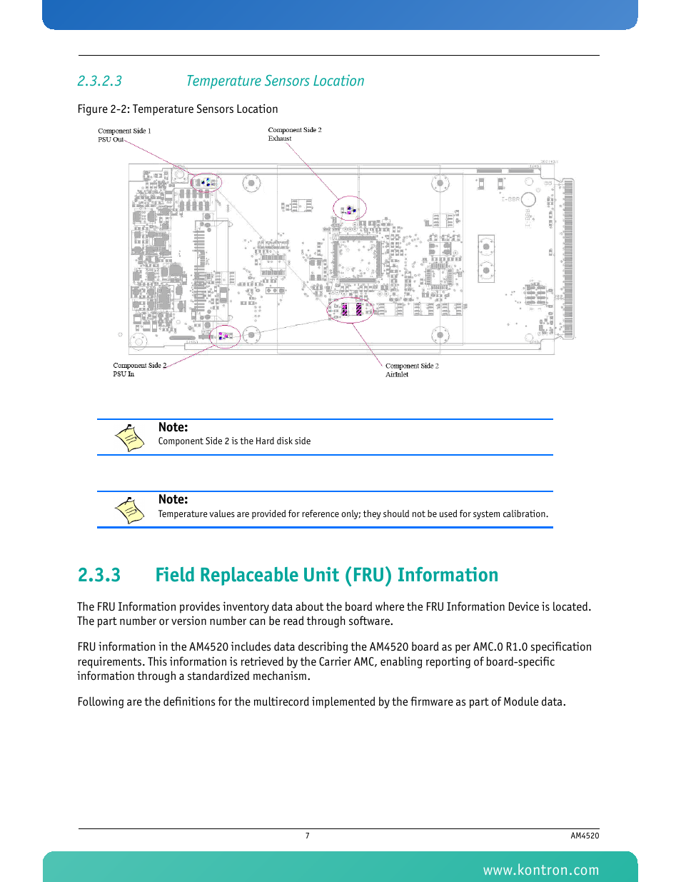 3 temperature sensors location, 3 field replaceable unit (fru) information, Field replaceable unit (fru) information | Figure 2-2: temperature sensors location | Kontron AM4520 Manual Mid-Size User Manual | Page 19 / 31