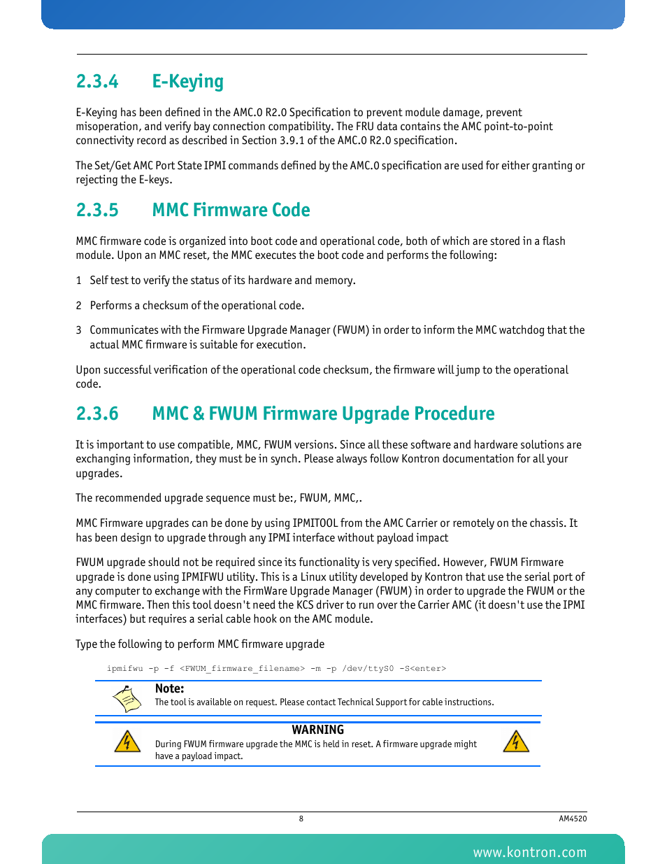 4 e-keying, 5 mmc firmware code, 6 mmc & fwum firmware upgrade procedure | E-keying, Mmc firmware code, Mmc & fwum firmware upgrade procedure | Kontron AM4520 Manual Mid-Size User Manual | Page 20 / 31