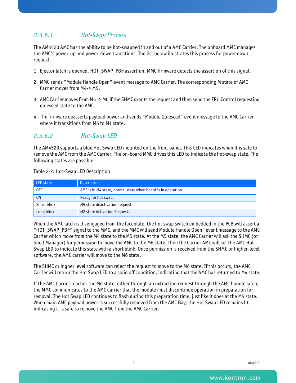 1 hot-swap process, 2 hot-swap led, Table 2-2 hot-swap led description | Kontron AM4520 Manual Mid-Size User Manual | Page 21 / 31