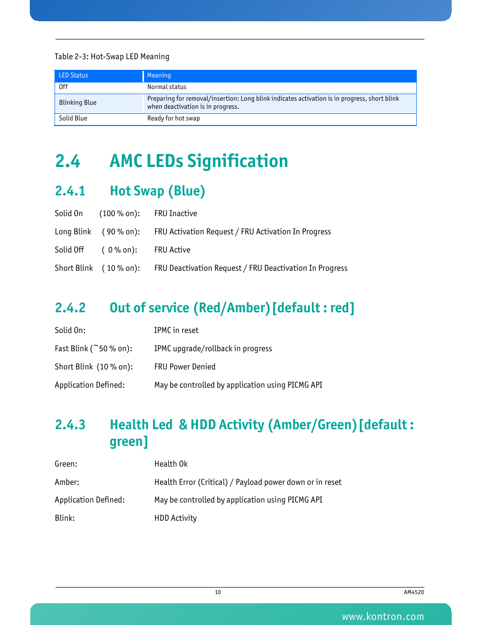 4 amc leds signification, 1 hot swap (blue), 2 out of service (red/amber)[default : red | Hot swap (blue), Out of service (red/amber)[default : red, Table 2-3 hot-swap led meaning | Kontron AM4520 Manual Mid-Size User Manual | Page 22 / 31