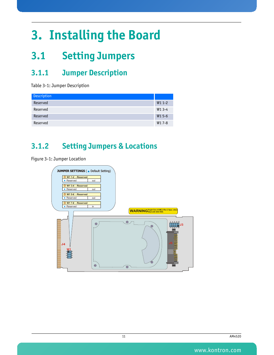 Installing the board, 1 setting jumpers, 1 jumper description | 2 setting jumpers & locations, Jumper description, Setting jumpers & locations, Figure 3-1: jumper location, Table 3-1 jumper description, Table 3-1: jumper description | Kontron AM4520 Manual Mid-Size User Manual | Page 23 / 31