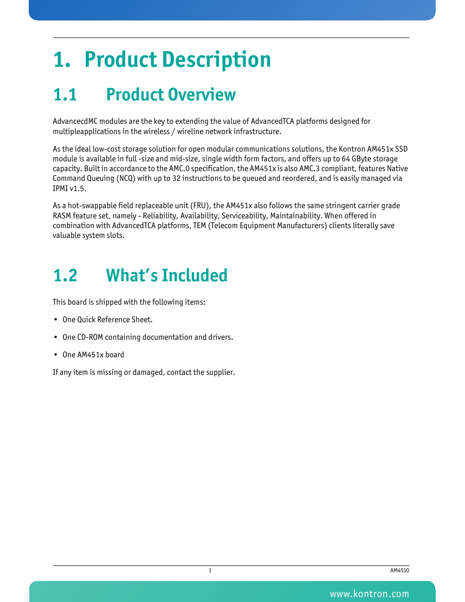 Product description, 1 product overview, 2 what’s included | 1 product overview 1.2 what’s included | Kontron AM4510 User Manual | Page 13 / 31