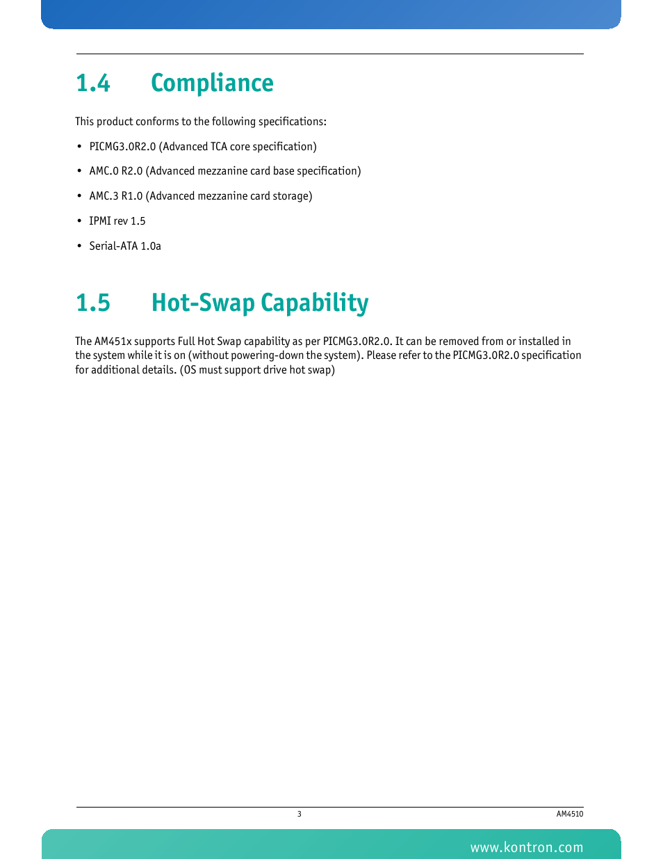 4 compliance, 5 hot-swap capability, 4 compliance 1.5 hot-swap capability | Kontron AM4510 User Manual | Page 15 / 31