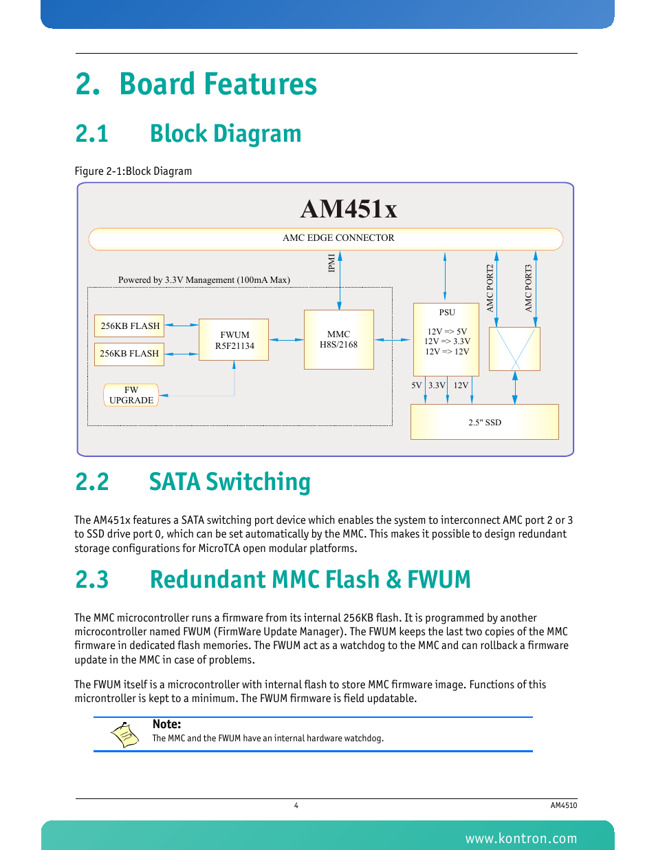 Board features, 1 block diagram, 2 sata switching | 3 redundant mmc flash & fwum, Figure 2-1: block diagram, Am451x | Kontron AM4510 User Manual | Page 16 / 31