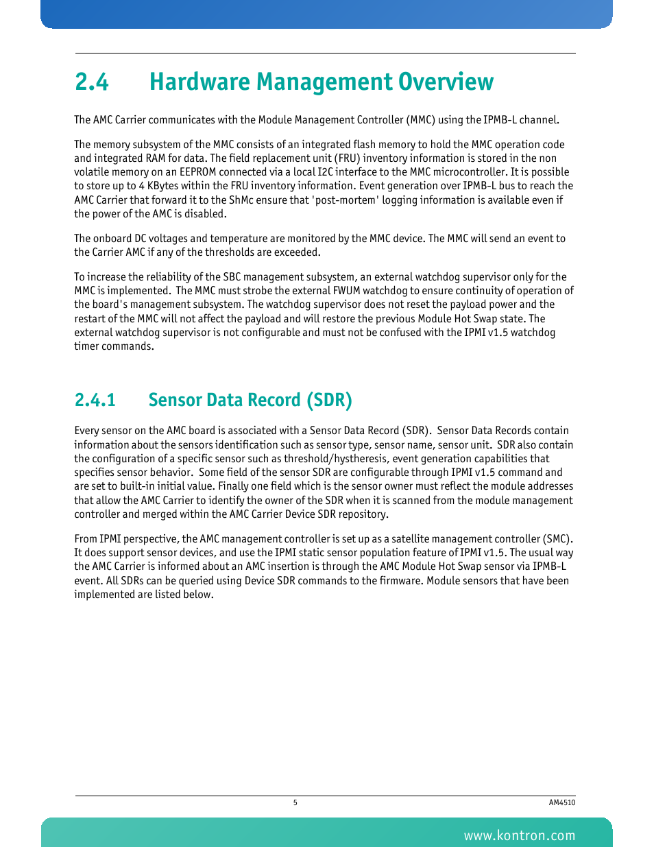 4 hardware management overview, 1 sensor data record (sdr), Sensor data record (sdr) | Kontron AM4510 User Manual | Page 17 / 31