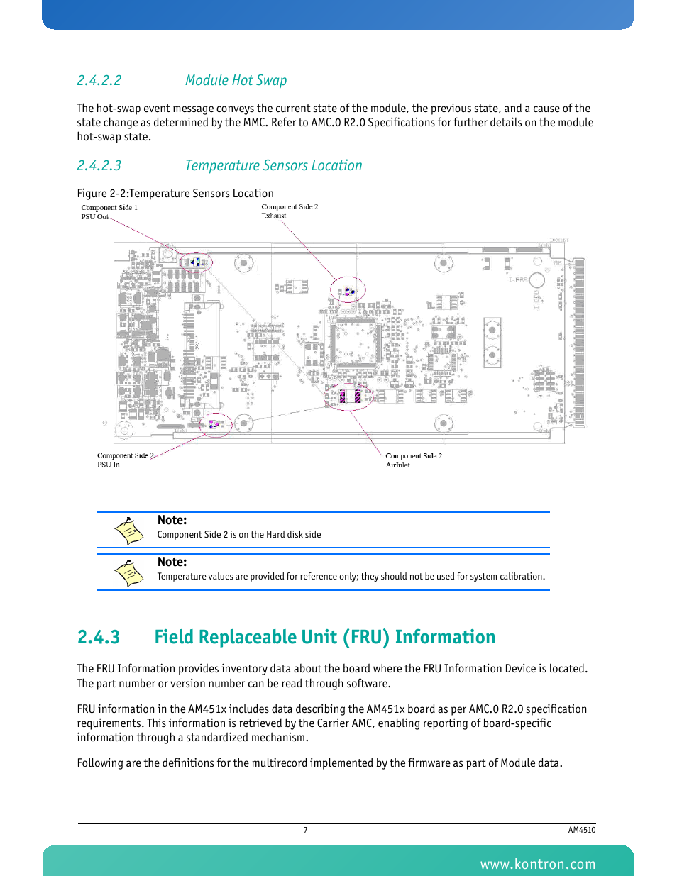 2 module hot swap, 3 temperature sensors location, 3 field replaceable unit (fru) information | Field replaceable unit (fru) information, Figure 2-2: temperature sensors location | Kontron AM4510 User Manual | Page 19 / 31