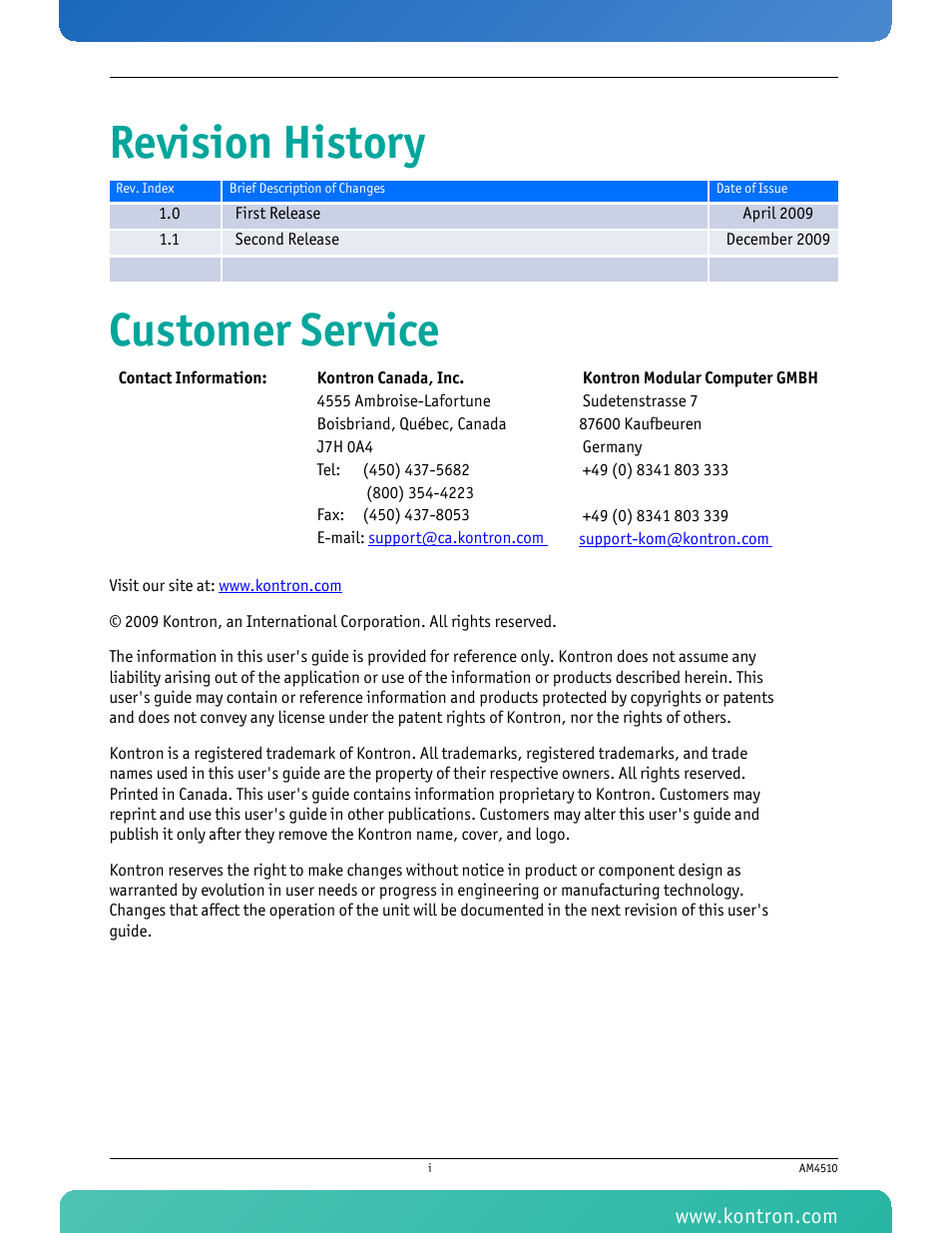 Revision history customer service | Kontron AM4510 User Manual | Page 2 / 31