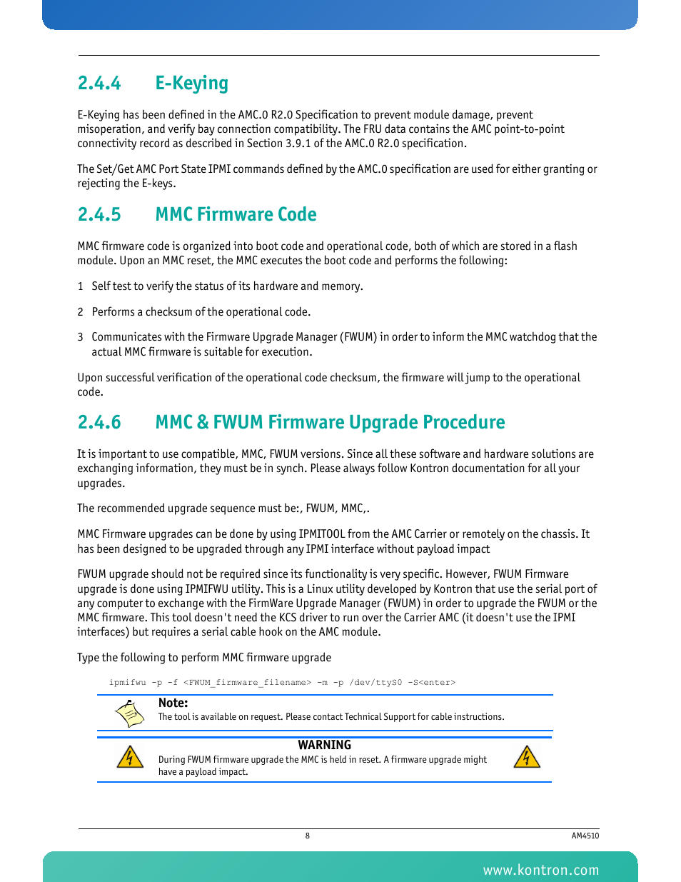 4 e-keying, 5 mmc firmware code, 6 mmc & fwum firmware upgrade procedure | E-keying, Mmc firmware code, Mmc & fwum firmware upgrade procedure | Kontron AM4510 User Manual | Page 20 / 31