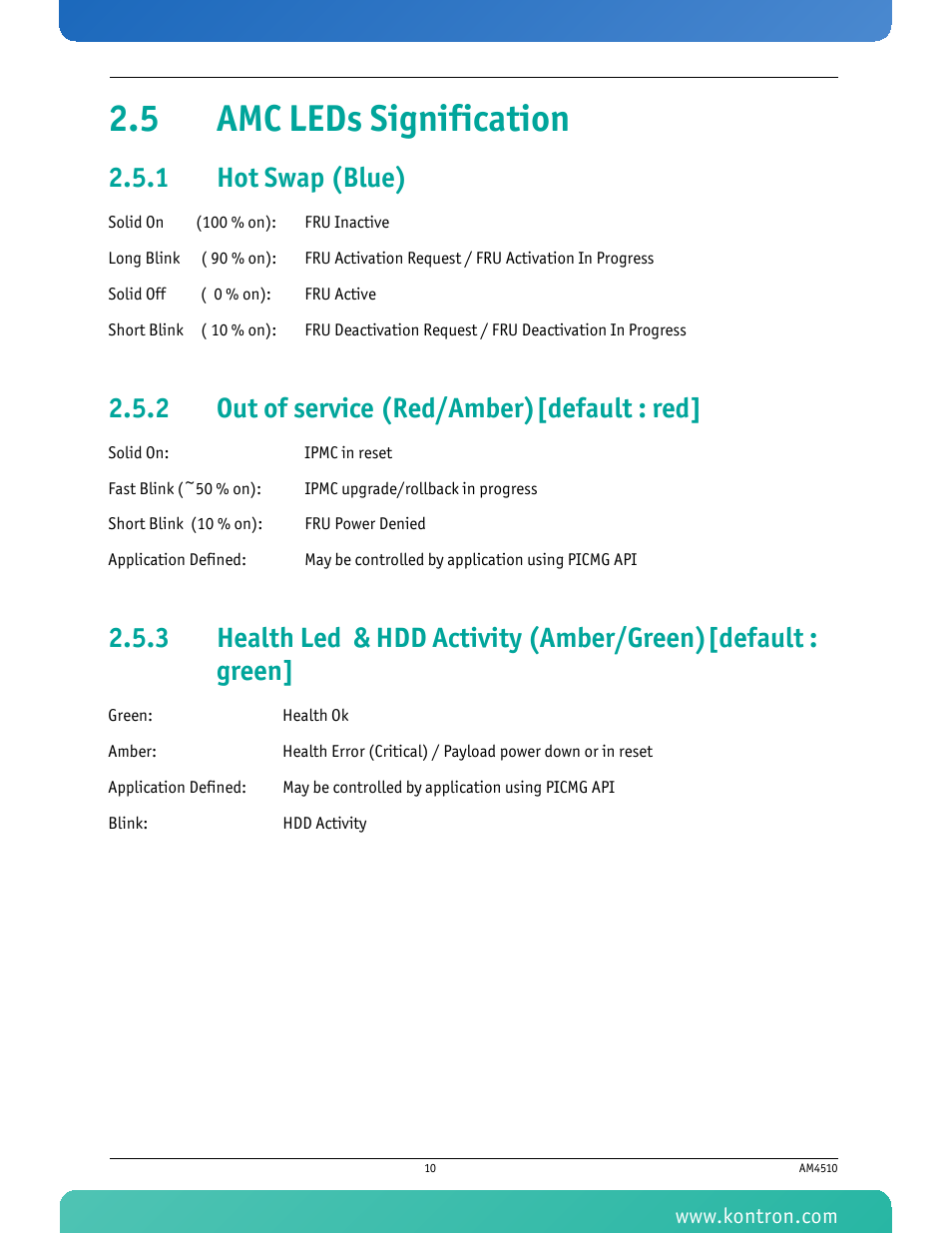5 amc leds signification, 1 hot swap (blue), 2 out of service (red/amber)[default : red | Hot swap (blue), Out of service (red/amber)[default : red | Kontron AM4510 User Manual | Page 22 / 31