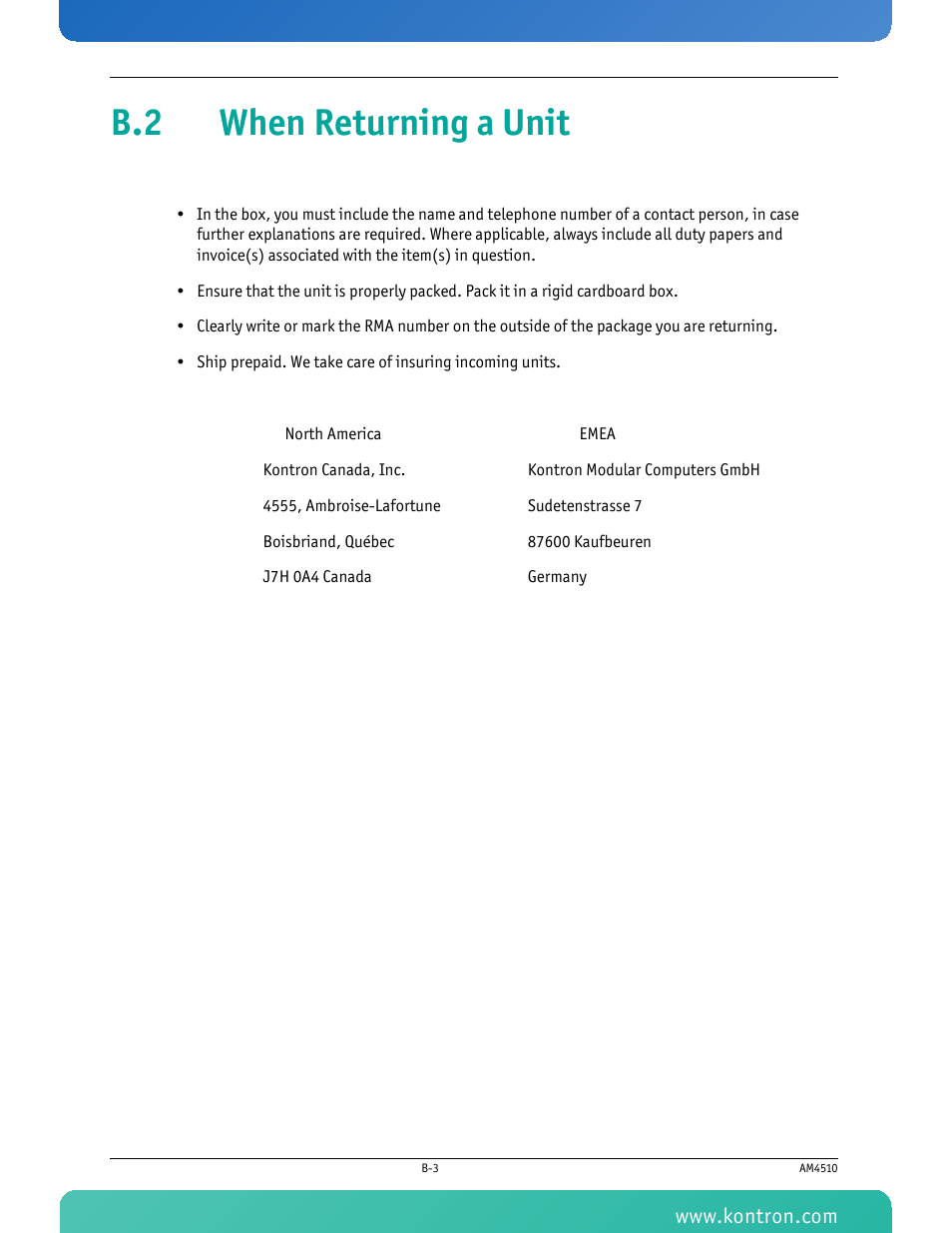 B.2 when returning a unit | Kontron AM4510 User Manual | Page 29 / 31