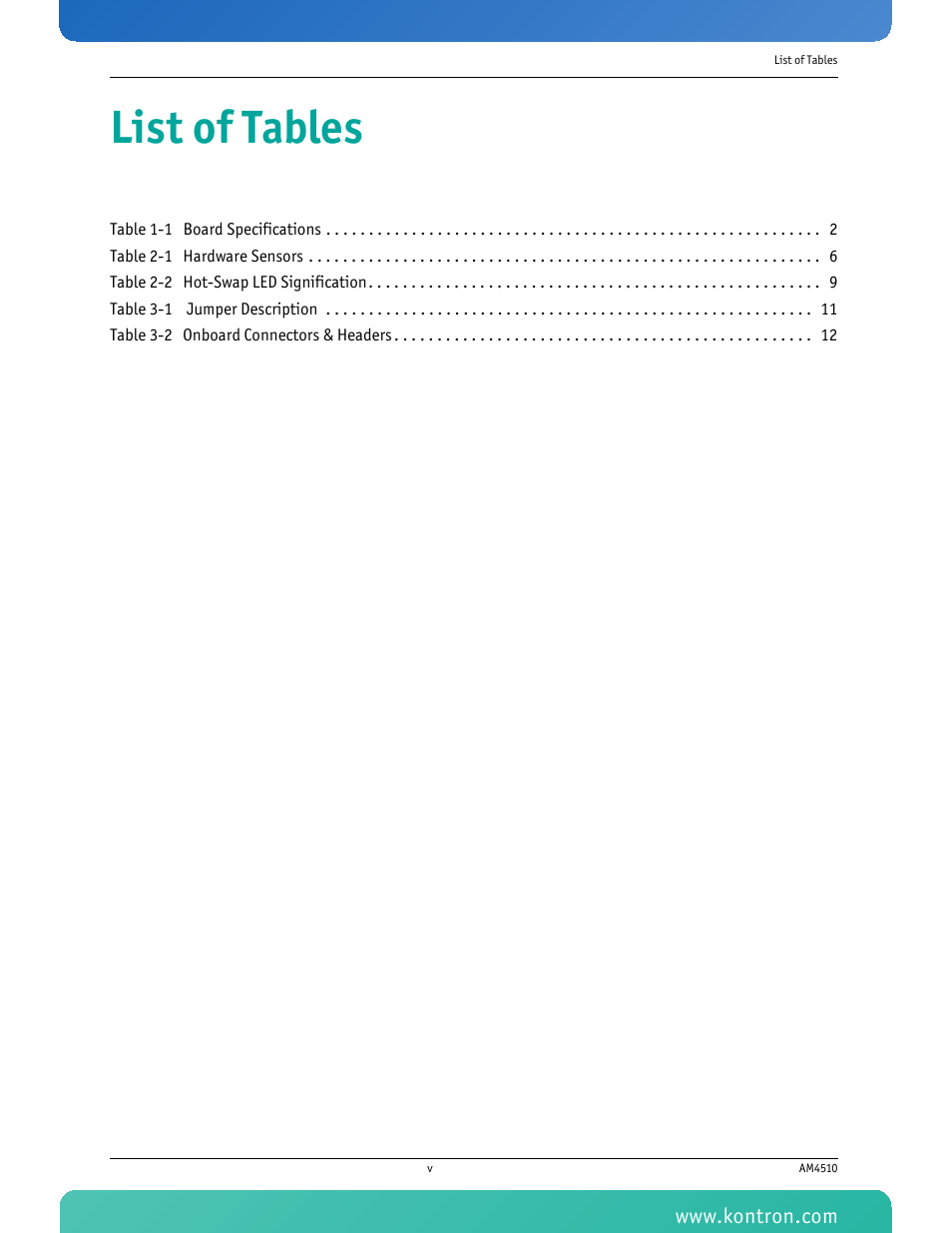 List of tables | Kontron AM4510 User Manual | Page 6 / 31