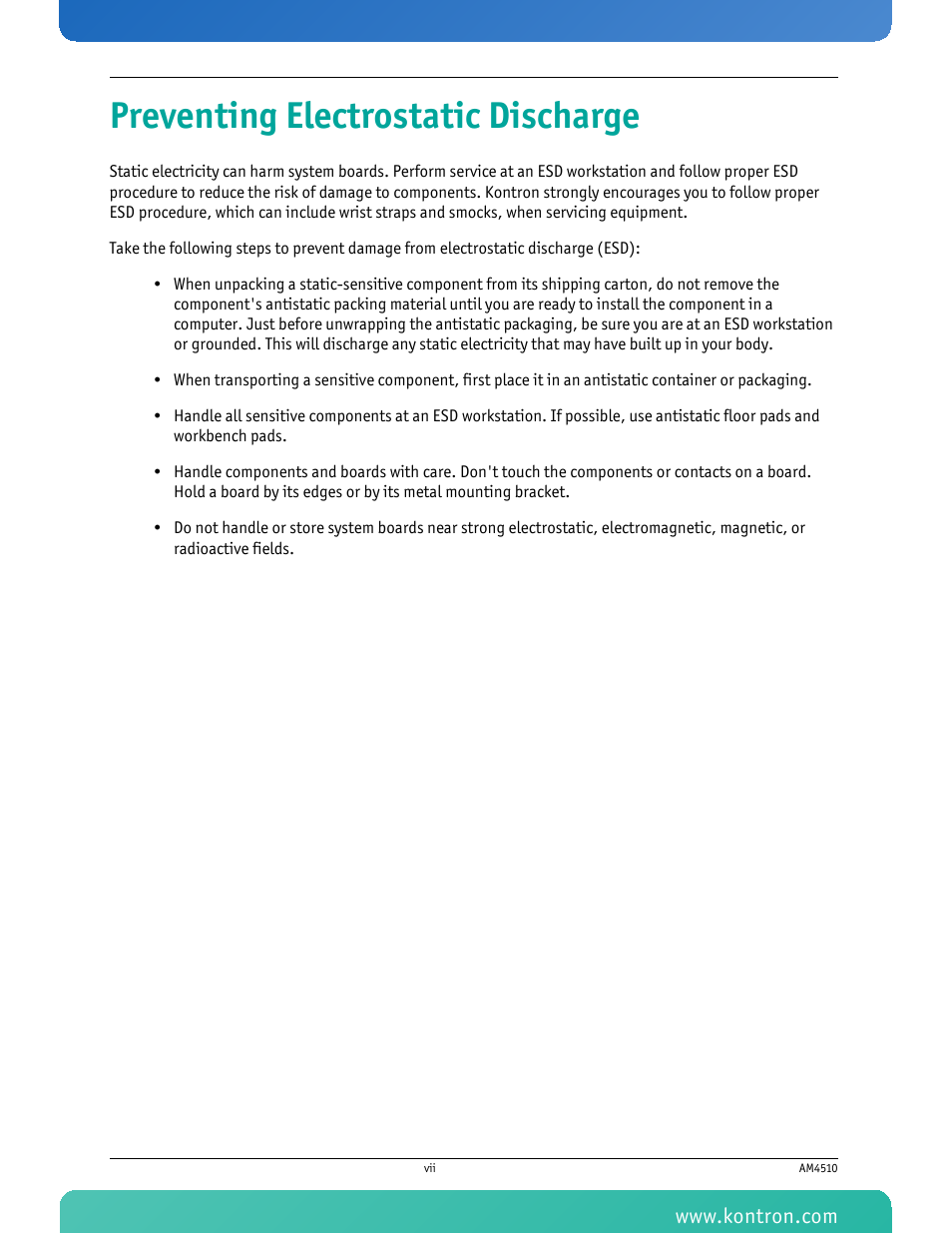 Preventing electrostatic discharge | Kontron AM4510 User Manual | Page 8 / 31