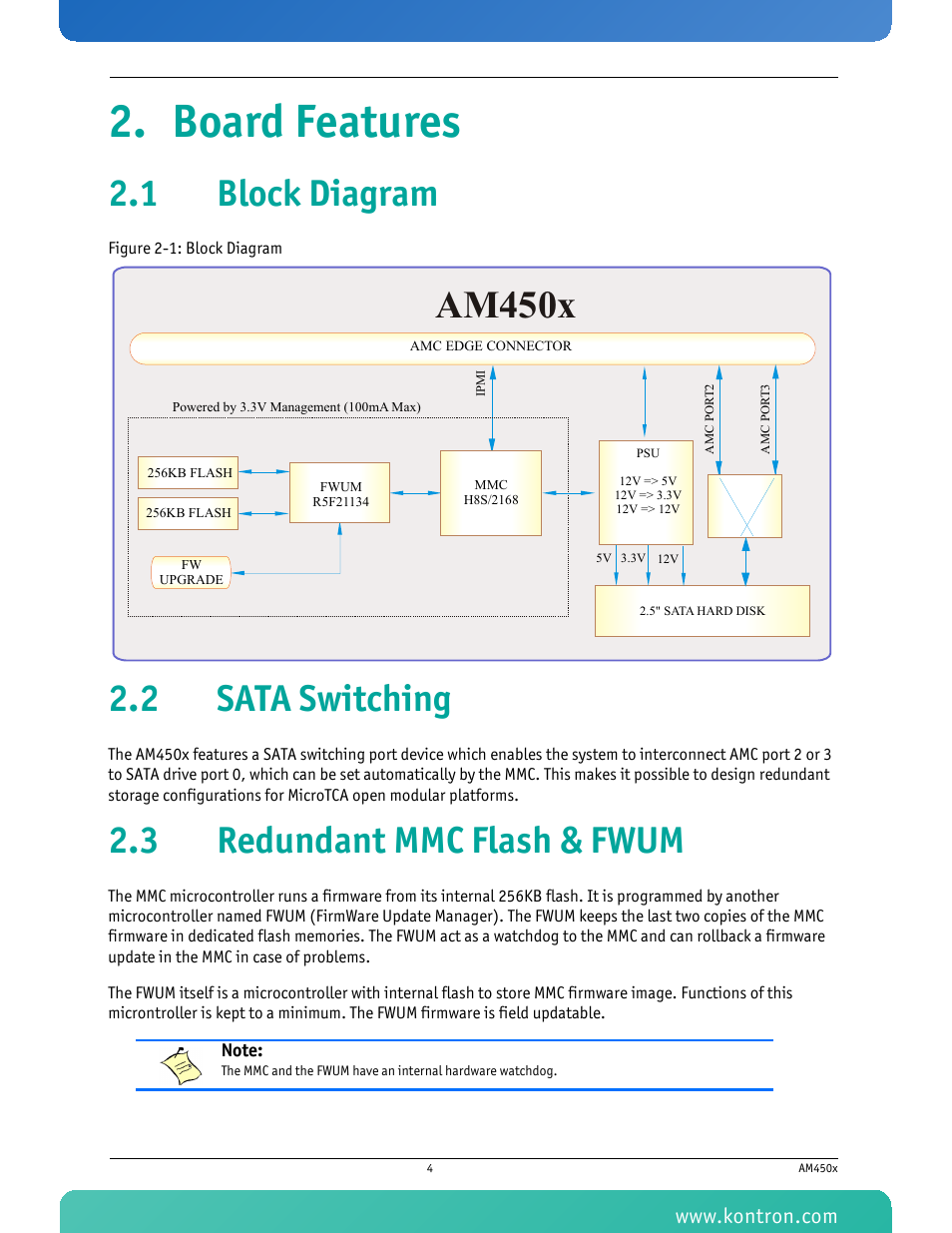 Board features, 1 block diagram, 2 sata switching | 3 redundant mmc flash & fwum, Figure 2-1: block diagram, Am450x | Kontron AM4500 User Manual | Page 16 / 31