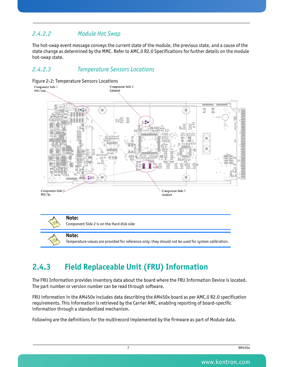 2 module hot swap, 3 temperature sensors locations, 3 field replaceable unit (fru) information | Field replaceable unit (fru) information, Figure 2-2: temperature sensors locations | Kontron AM4500 User Manual | Page 19 / 31