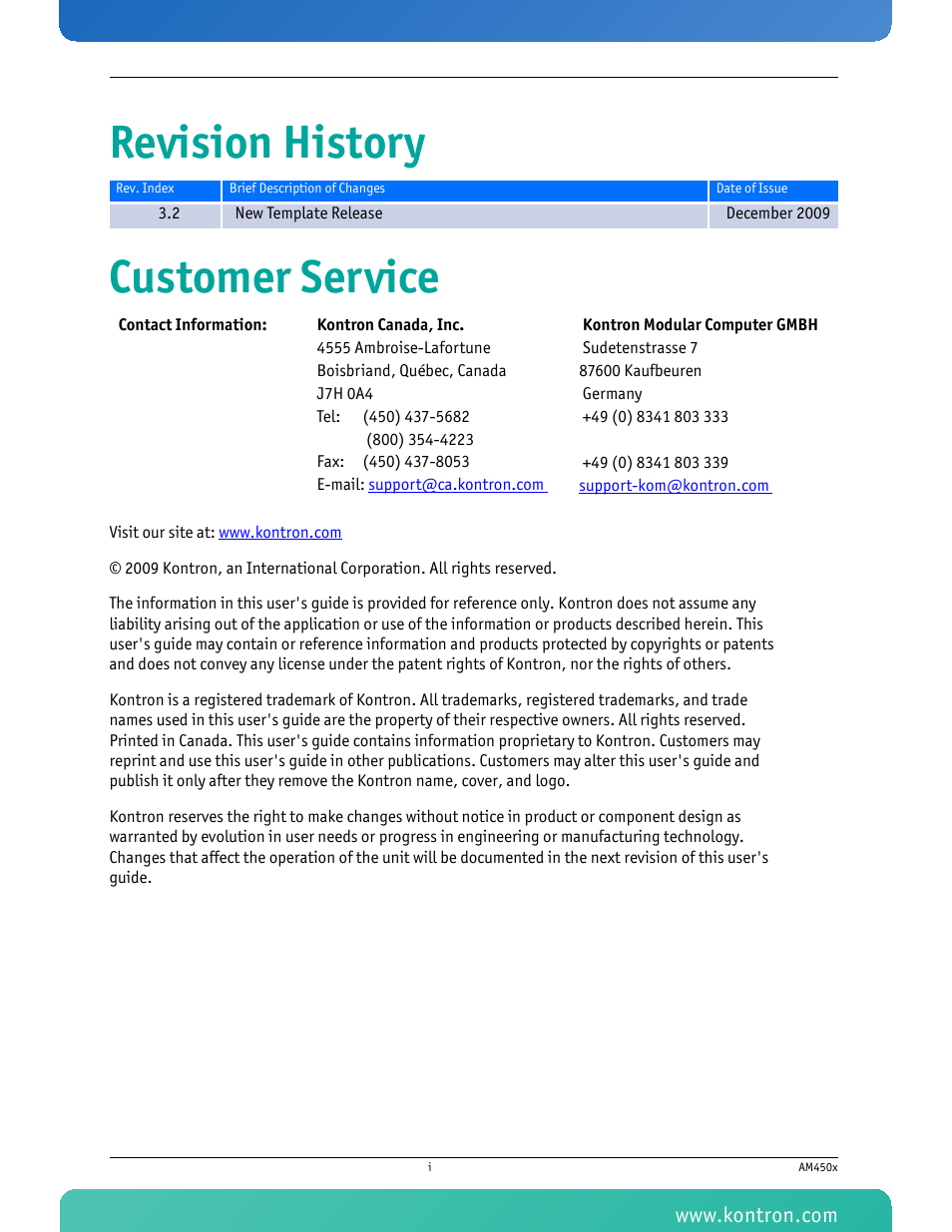 Revision history customer service | Kontron AM4500 User Manual | Page 2 / 31