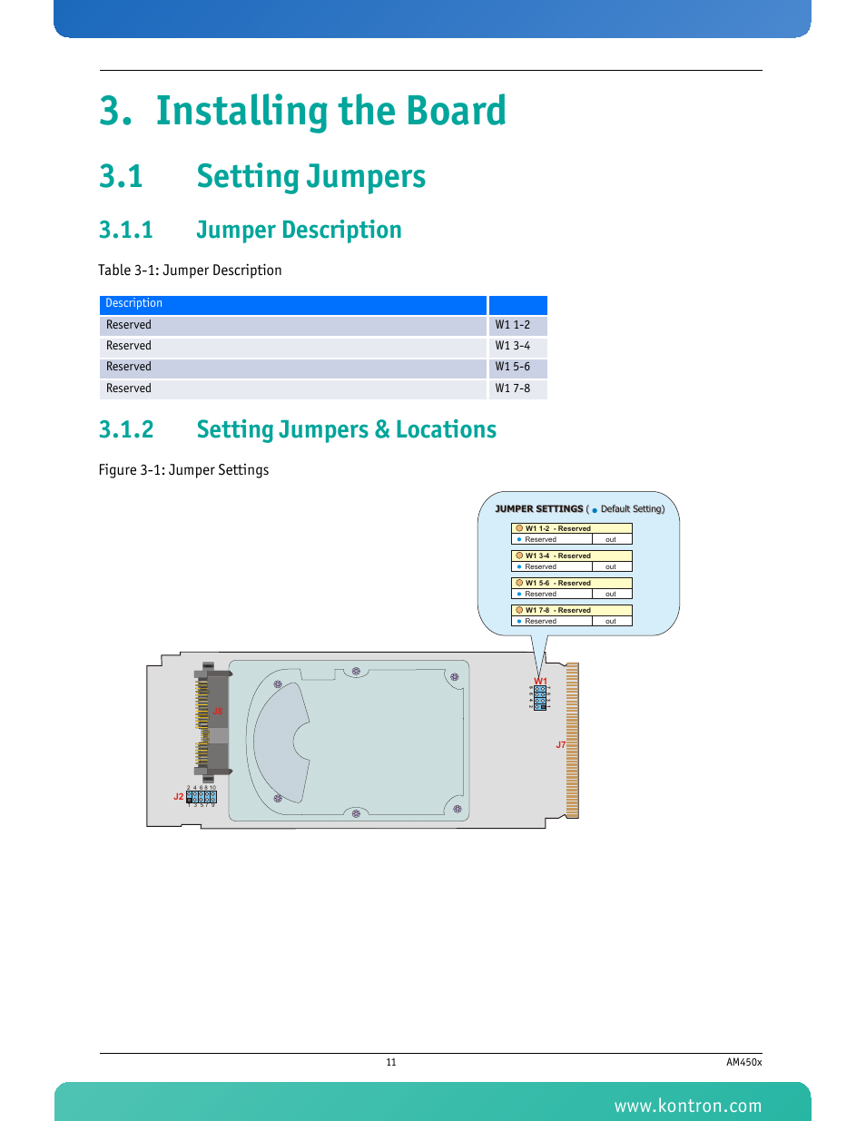 Installing the board, 1 setting jumpers, 1 jumper description | 2 setting jumpers & locations, Jumper description, Setting jumpers & locations, Figure 3-1: jumper settings, Table 3-1 jumper description, Table 3-1: jumper description | Kontron AM4500 User Manual | Page 23 / 31