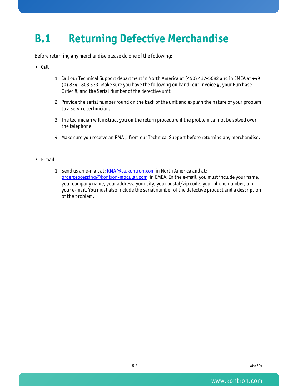 B.1 returning defective merchandise | Kontron AM4500 User Manual | Page 28 / 31
