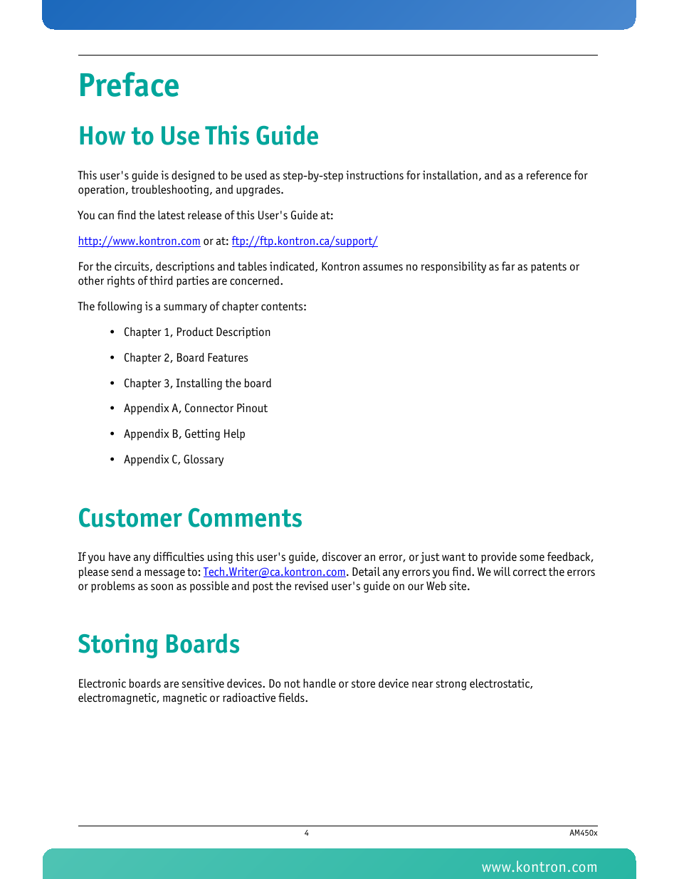 Preface, How to use this guide, Customer comments | Storing boards | Kontron AM4500 User Manual | Page 9 / 31