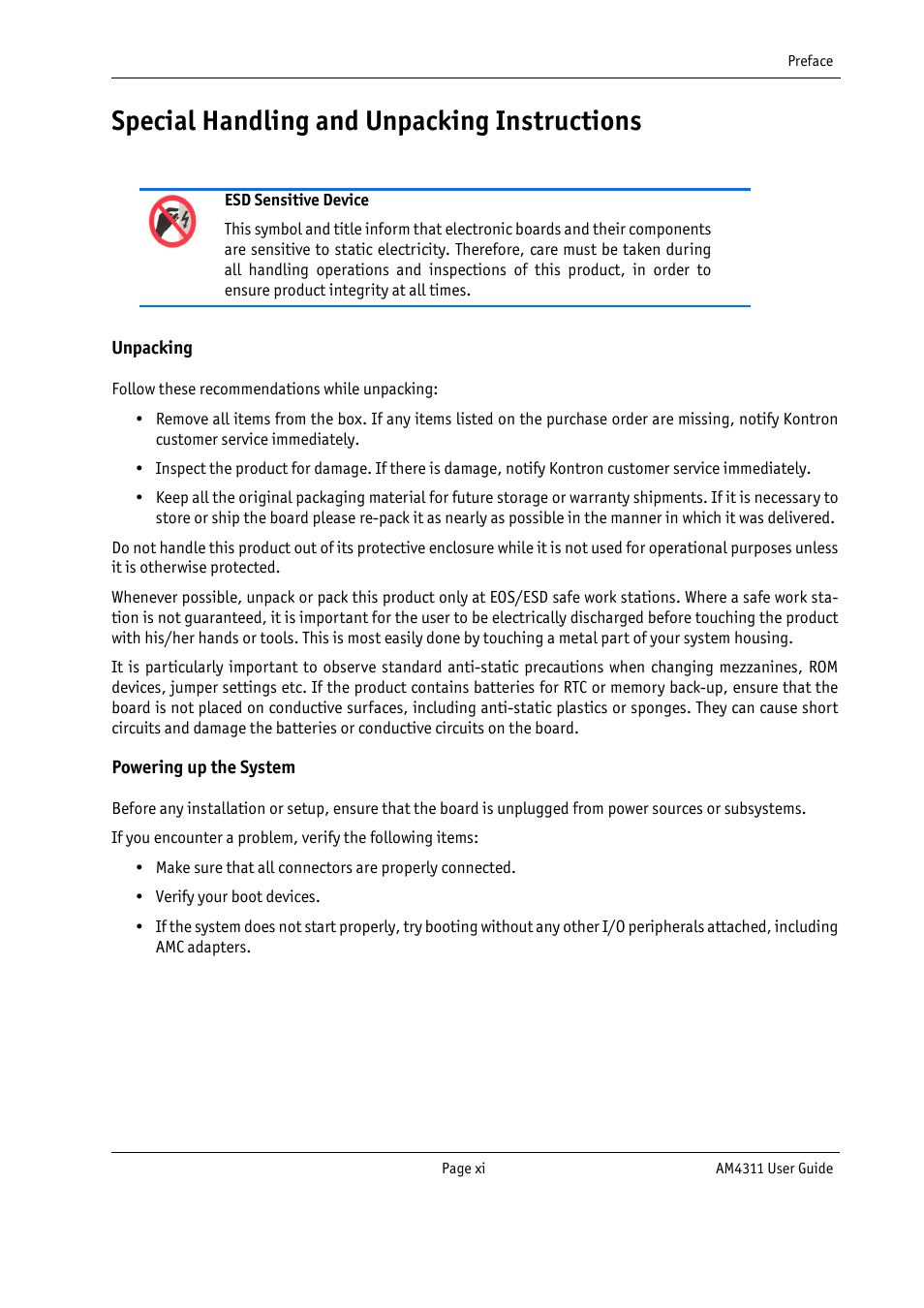 Special handling and unpacking instructions | Kontron AM4311 User Manual | Page 11 / 48
