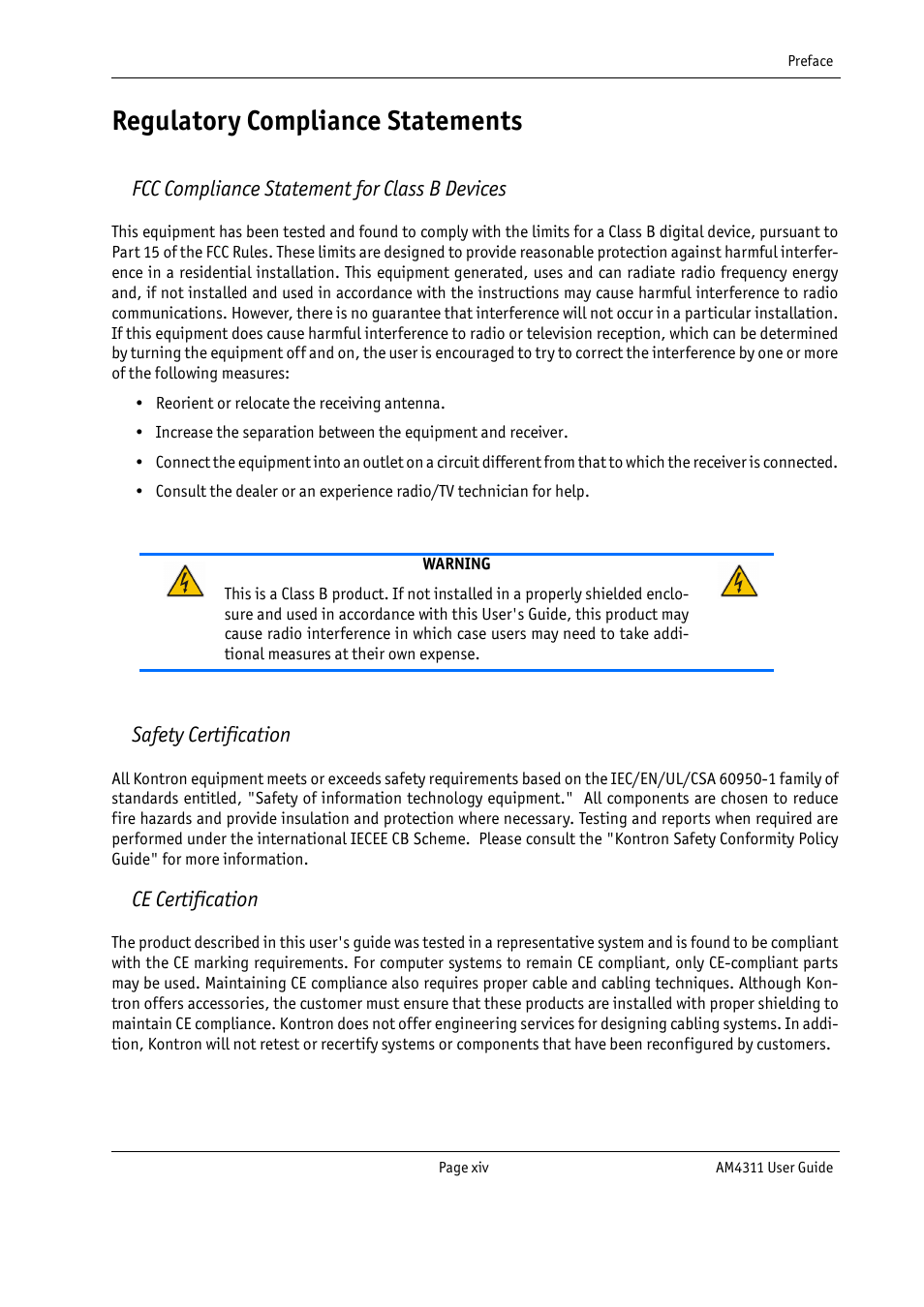 Regulatory compliance statements, Fcc compliance statement for class b devices, Safety certification | Ce certification | Kontron AM4311 User Manual | Page 14 / 48