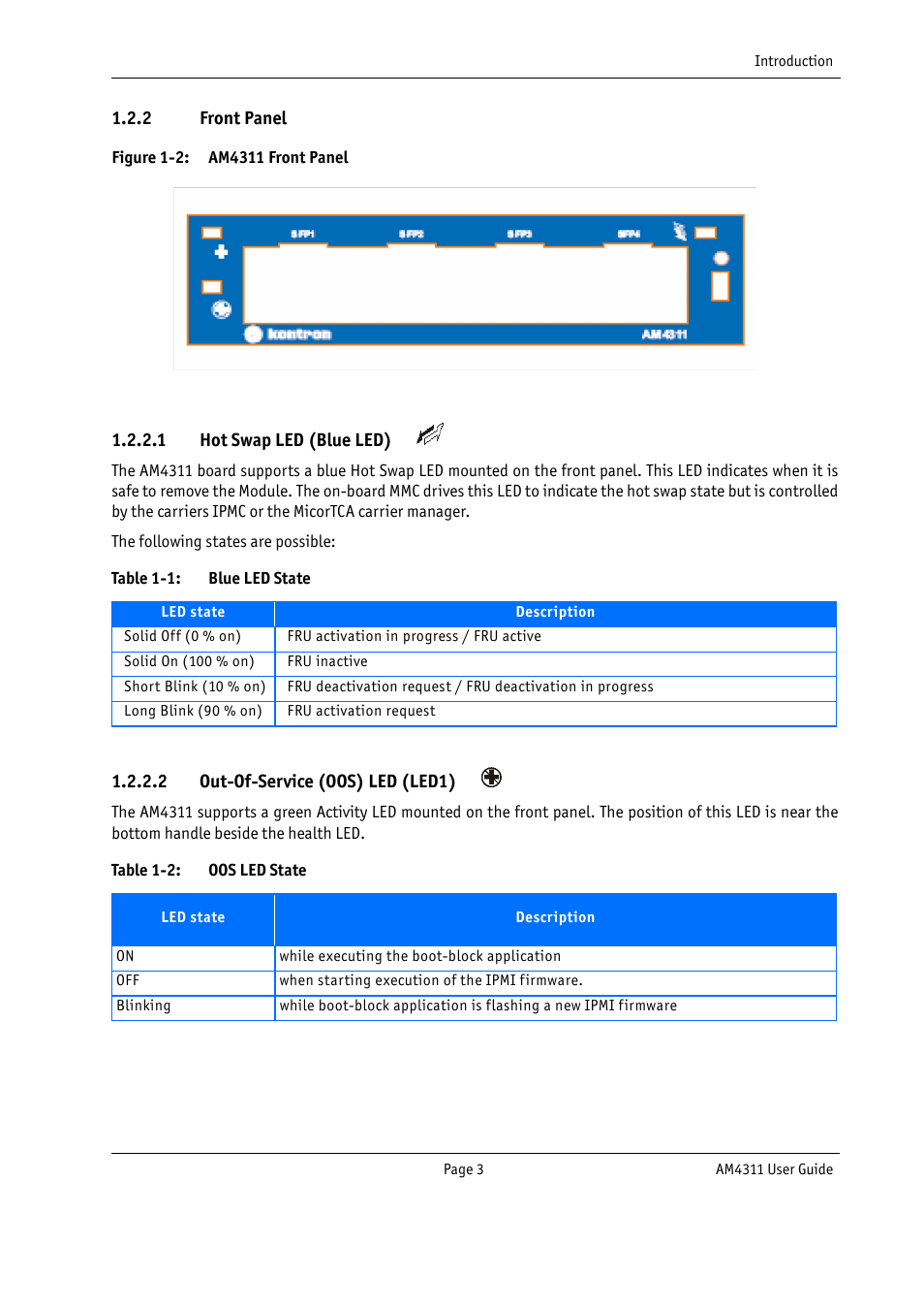 Front panel, Table 1-1, Blue led state | Table 1-2, Oos led state | Kontron AM4311 User Manual | Page 18 / 48