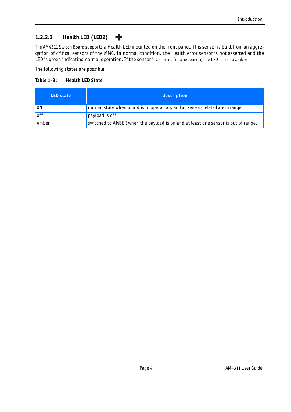 Table 1-3, Health led state | Kontron AM4311 User Manual | Page 19 / 48