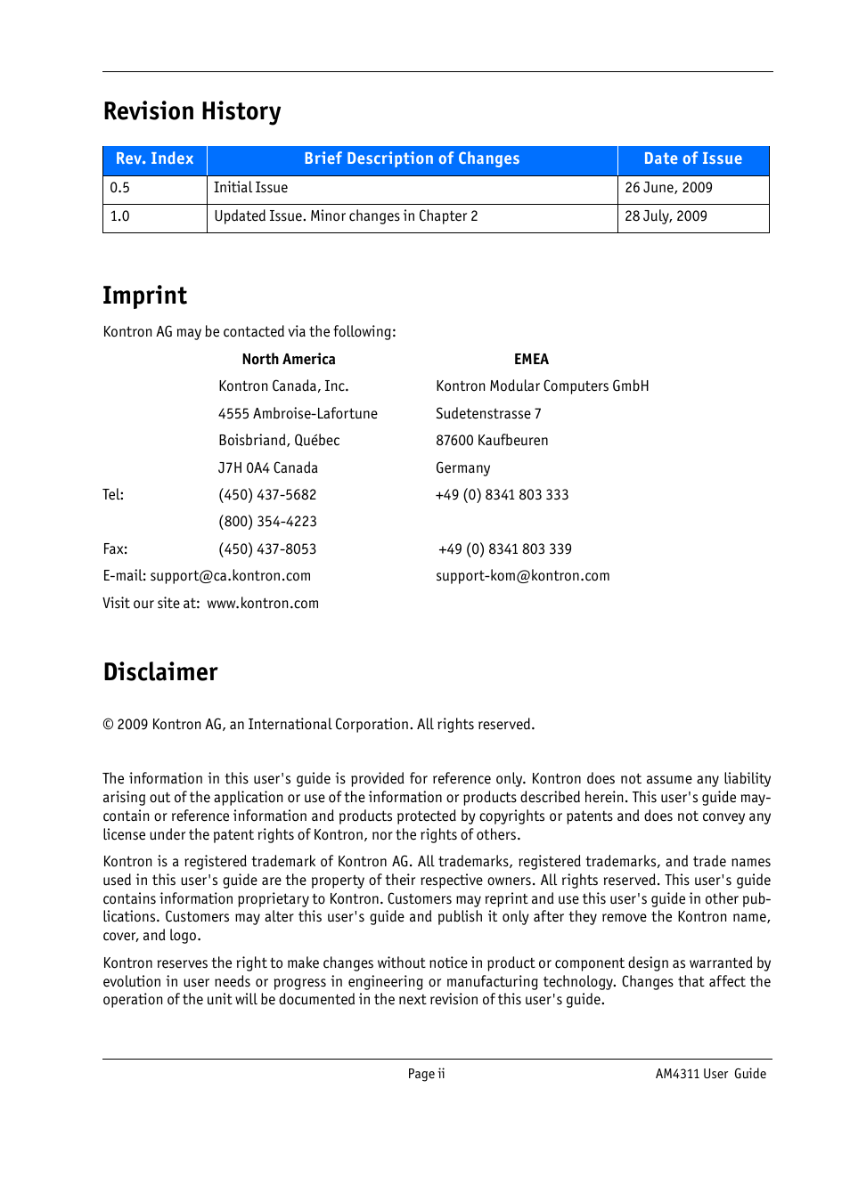 Revision history, Imprint, Disclaimer | Revision history imprint | Kontron AM4311 User Manual | Page 2 / 48