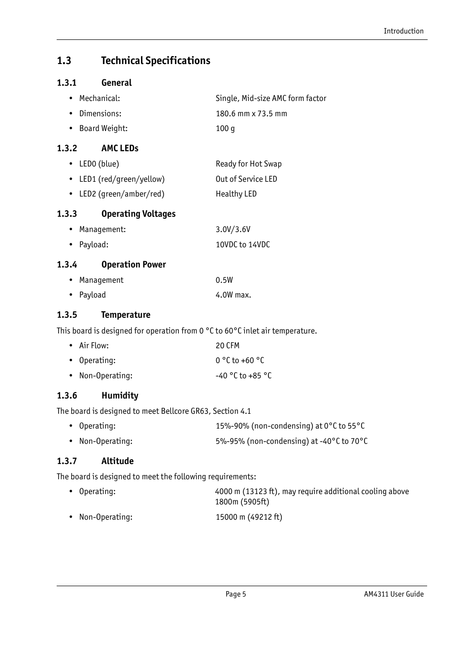 3 technical specifications, General, Amc leds | Operating voltages, Operation power, Temperature, Humidity, Altitude | Kontron AM4311 User Manual | Page 20 / 48