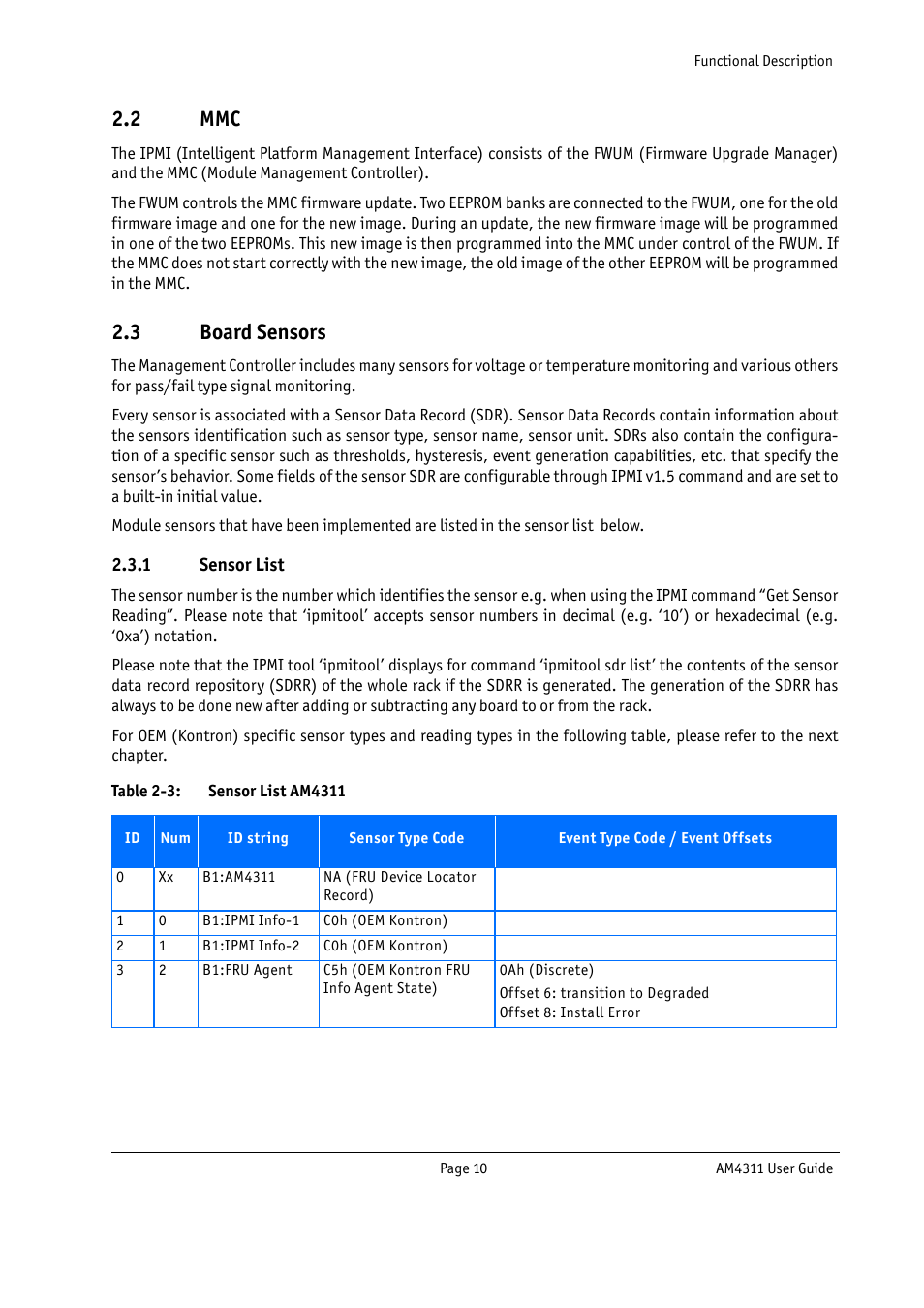 2 mmc, 3 board sensors, 2 mmc 2.3 board sensors | Sensor list, Table 2-3, Sensor list am4311 | Kontron AM4311 User Manual | Page 25 / 48