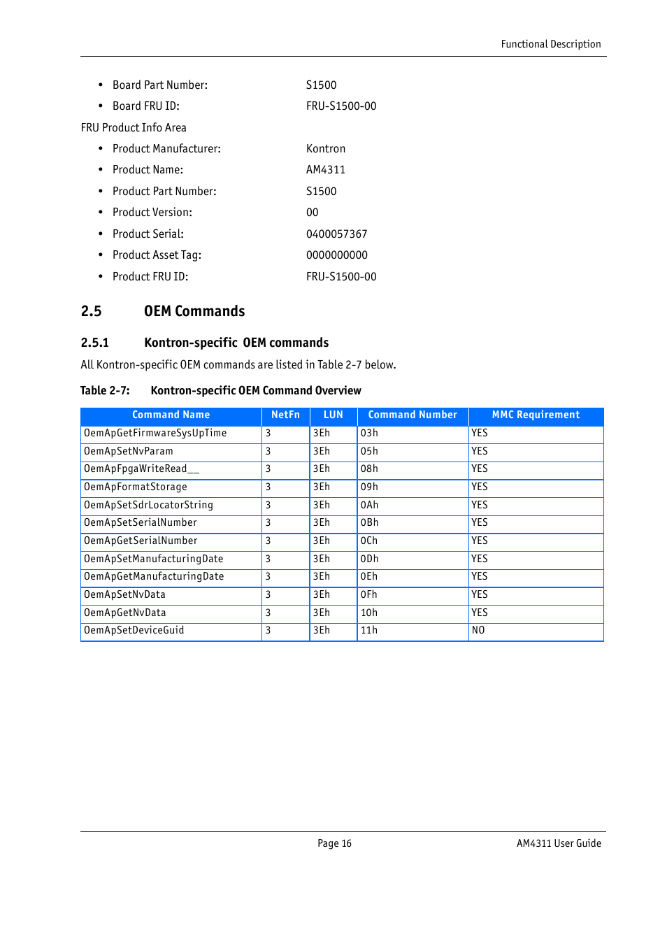 5 oem commands, Kontron-specific oem commands, Table 2-7 | Kontron-specific oem command overview | Kontron AM4311 User Manual | Page 31 / 48